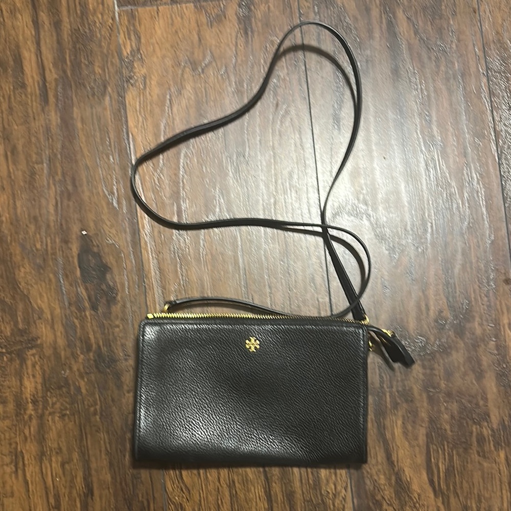 Tory Burch Black Leather Crossbody Bag with Gold Accent